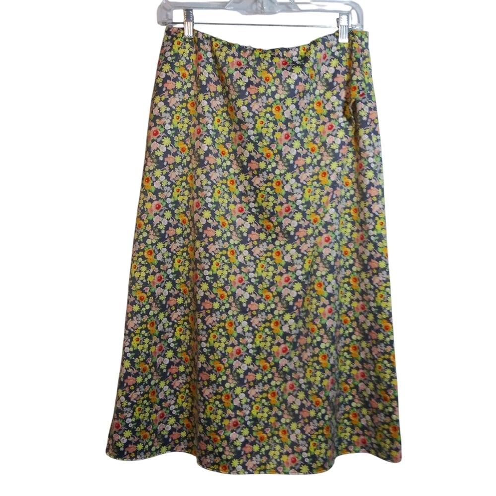 Loft Micro Floral A-Line Wrap Over Satin Midi Pull On Skirt Size S